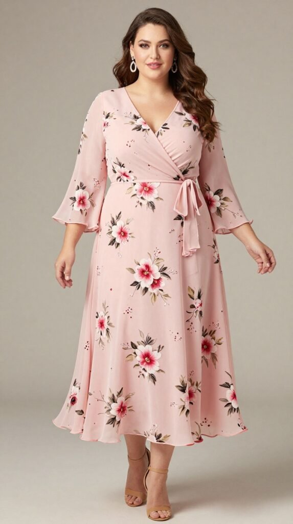 Plus Size Wedding Guest Pink Floral Wrap Neck Lantern Sleeve 34 Sleeve 3D Pocket Chiffon Midi Dress