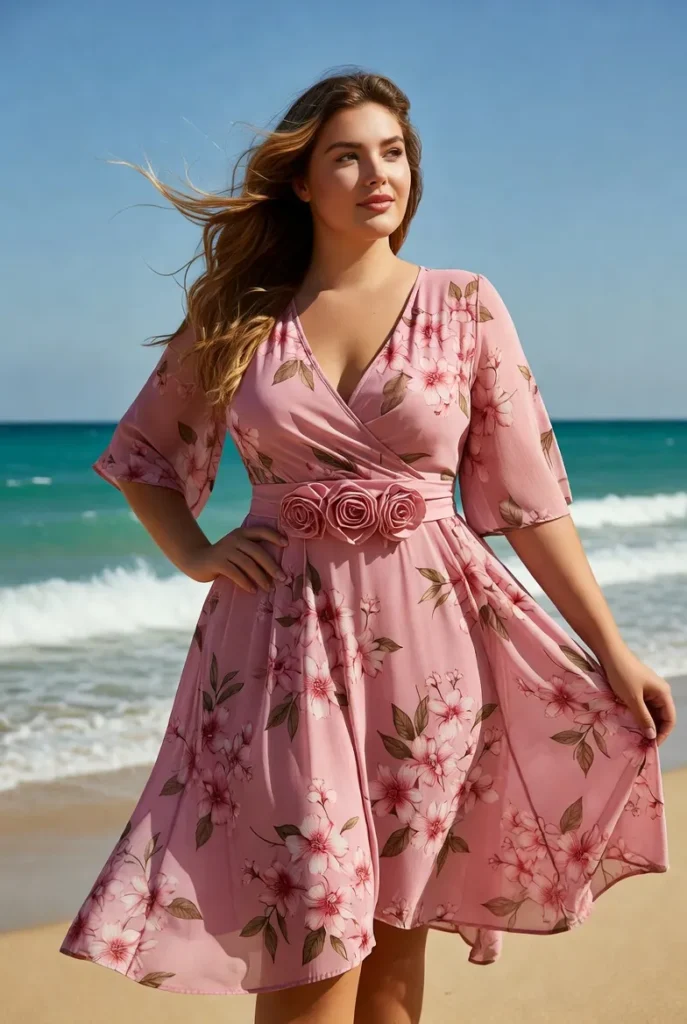 Plus Size Wedding Guest Pink Floral Wrap Neck Lantern Sleeve 3D Pocket Chiffon Midi Dress