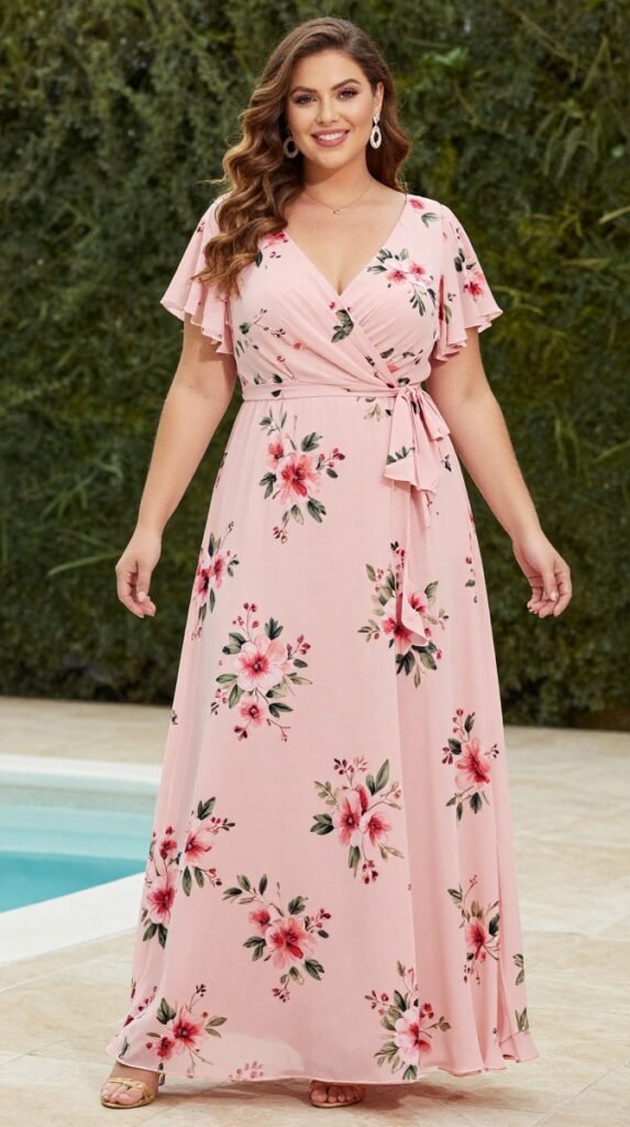 Plus Size Wedding Guest Pink Floral Wrap Neck Short Sleeve Ruffle Contrast Chiffon Maxi Dress