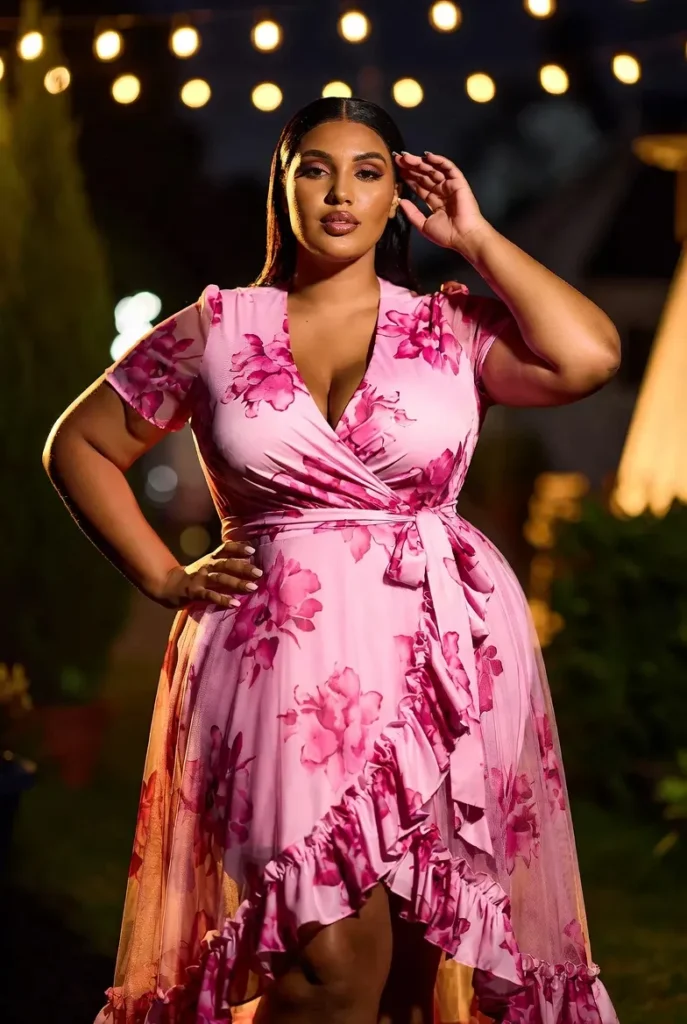 Plus Size Wedding Guest Pink Floral Wrap Neck Short Sleeve Ruffle Contrast Chiffon Maxi Dress
