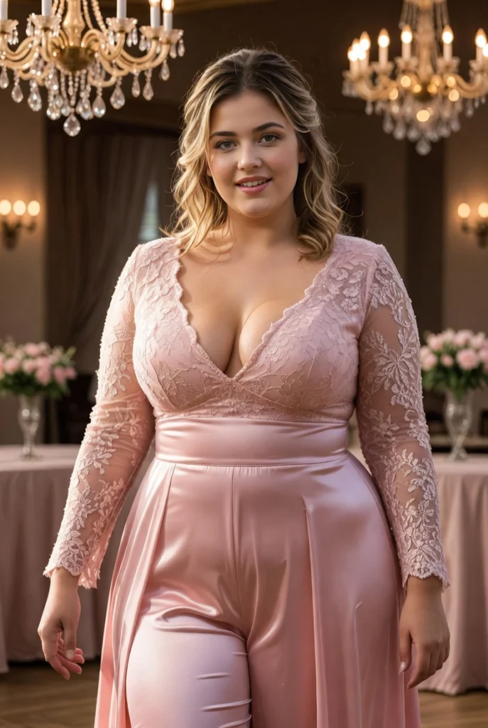 Plus Size Wedding Guest Pink V Neck Long Sleeve Pocket See Through Satin Jumpsuit