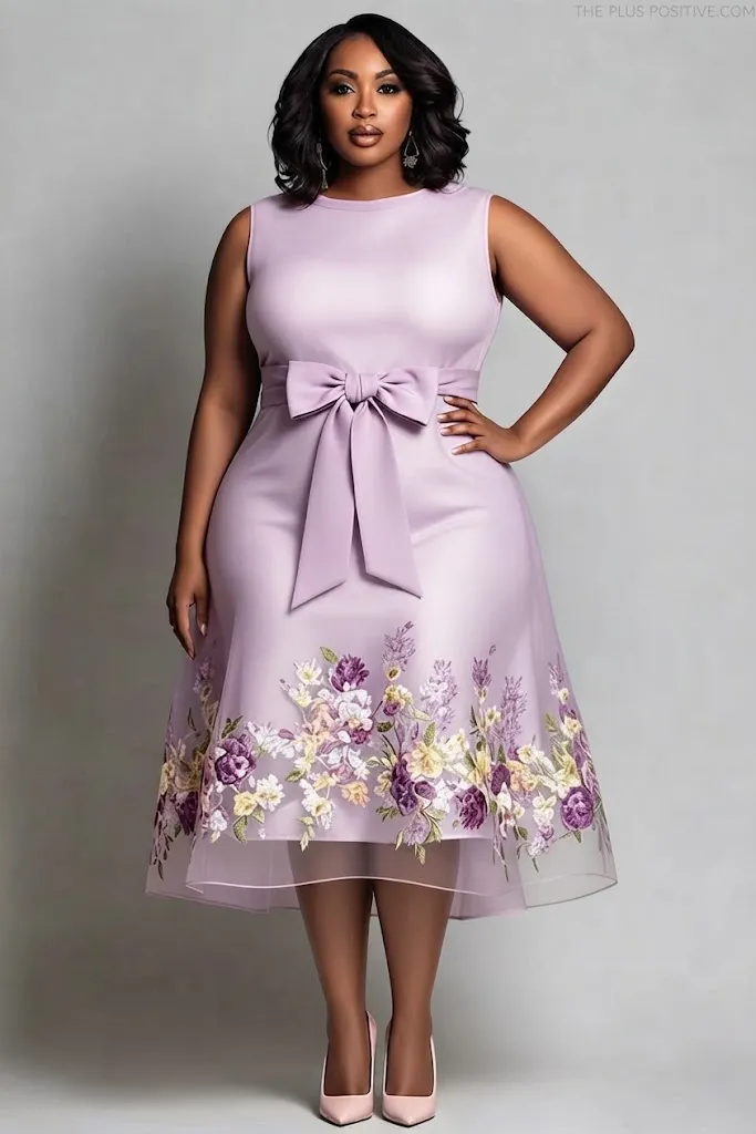 Plus Size Wedding Guest Purple Floral Round Neck Bow Tie Midi Dress