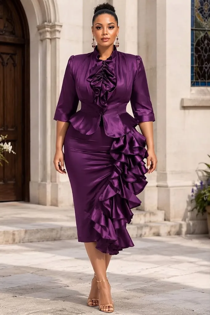 Plus Size Wedding Guest Purple Mock Neck Half Sleeve Ruffle Split Satin Two Piece Skirt Set
