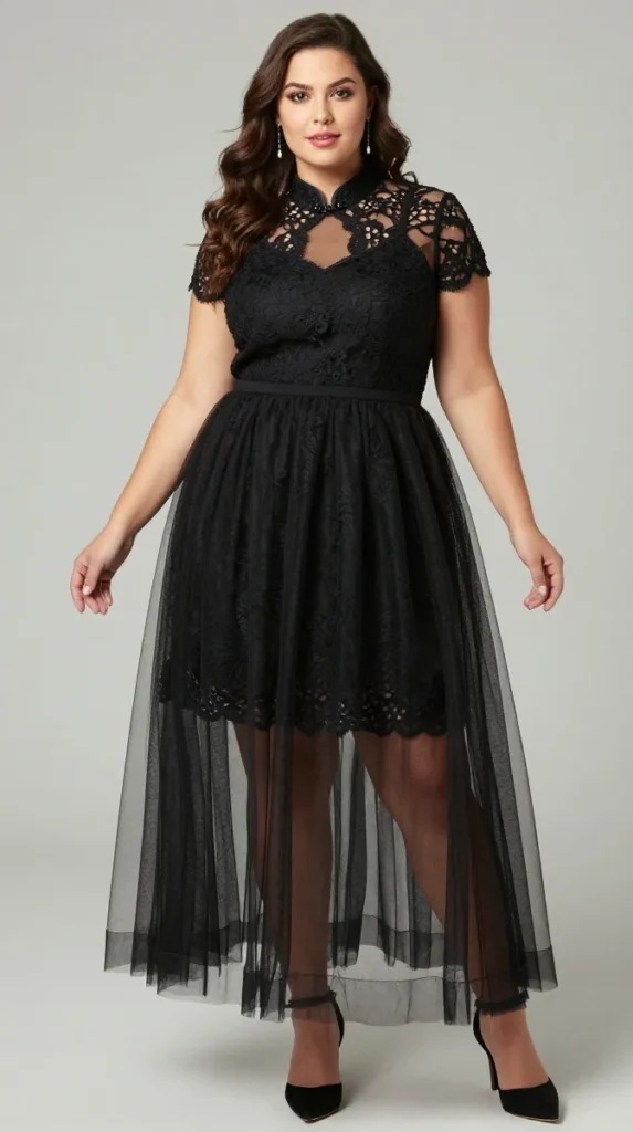Plus Size Wedding Guest Tulle Black Mandarin Collar Short Sleeve See-Through Contrast Lace Mini Dress