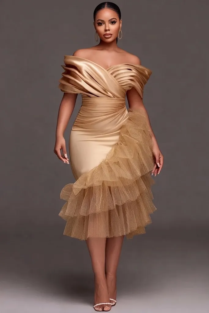 Plus Size Wedding Guest Tulle Champagne Off-The-Shoulder Ruffle Elegant Contrast Satin Midi Dress