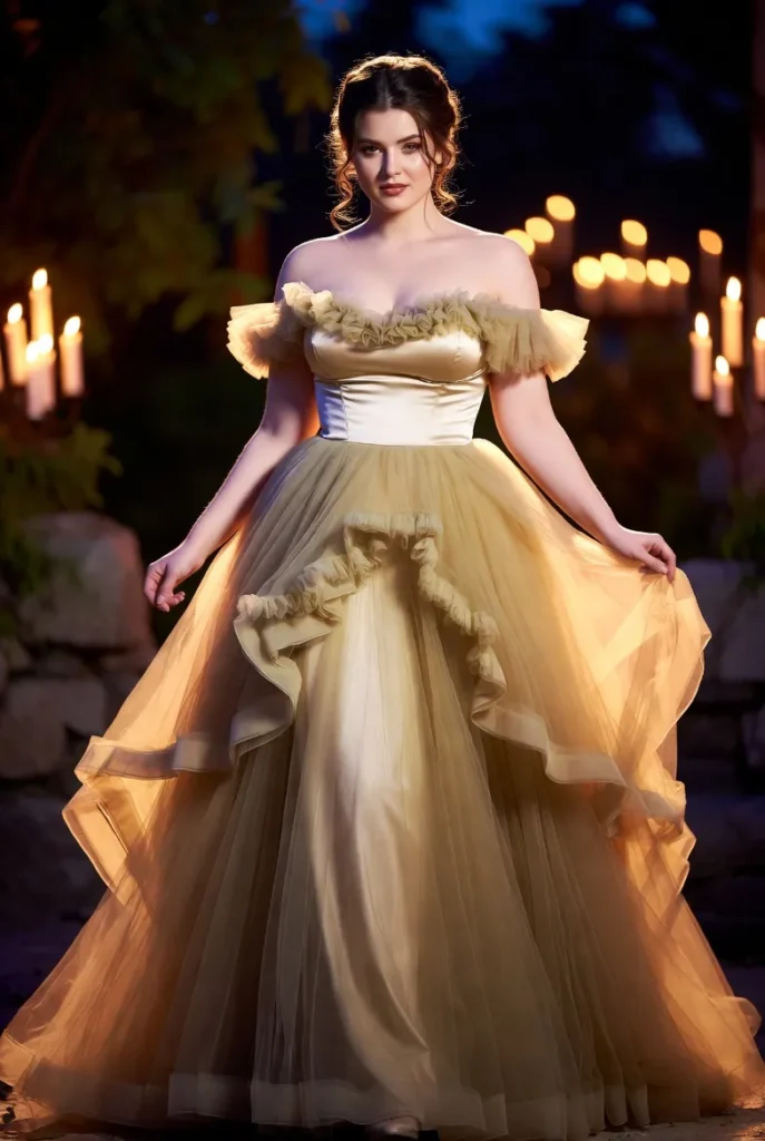 Plus Size Wedding Guest Tulle Champagne Off The Shoulder Ruffle Elegant Contrast Satin Midi Dress
