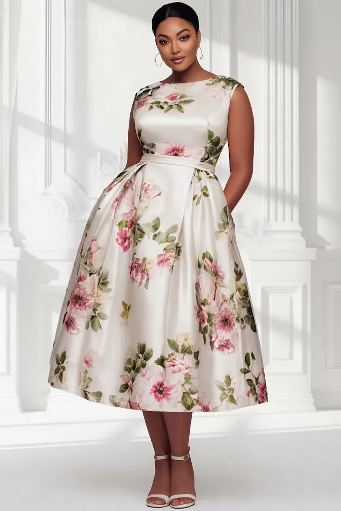 Plus Size Wedding Guest White Floral Round Neck Pocket Satin Midi Dress