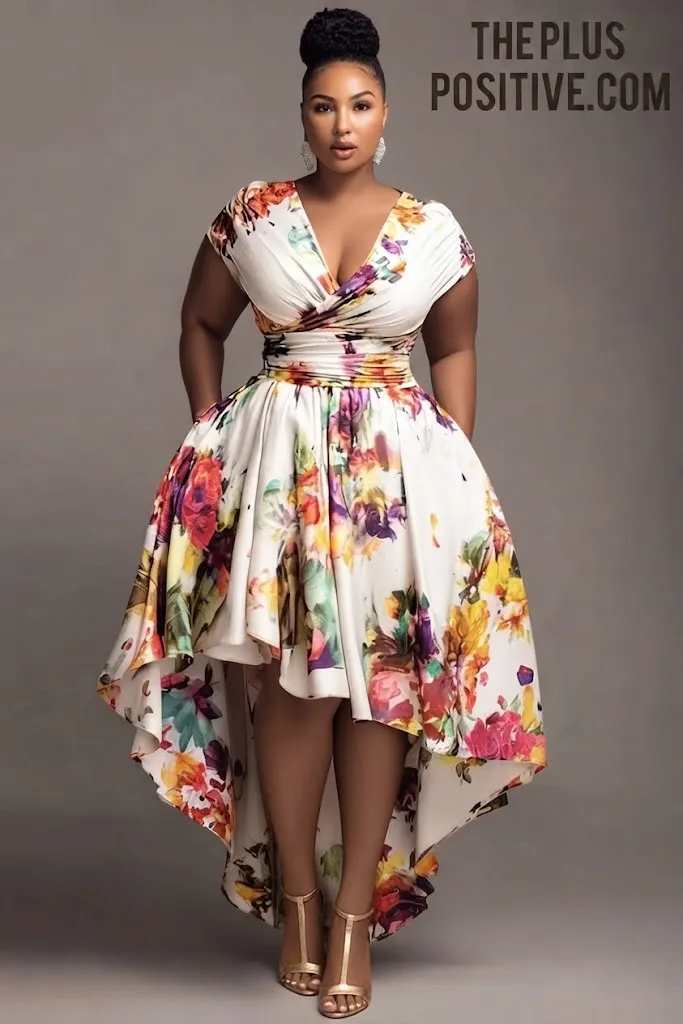 Plus Size Wedding Guest White Floral Wrap Neck High Low Hem Pocket Midi Dress