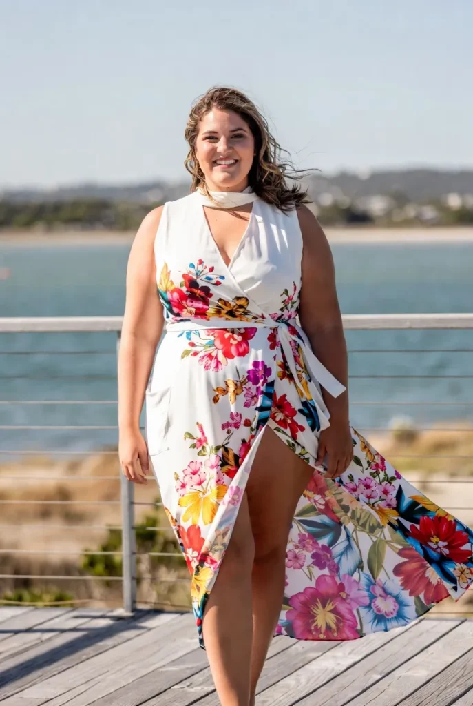 Plus Size Wedding Guest White Floral Wrap Neck High Low Hem Pocket Midi Dress