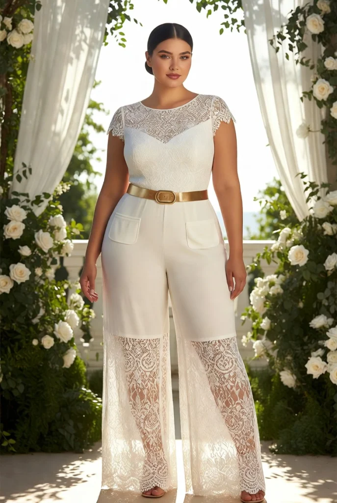 Plus Size Wedding Guest White Round Neck Short Sleeve Pocket See-Through Lace Jumpsuit