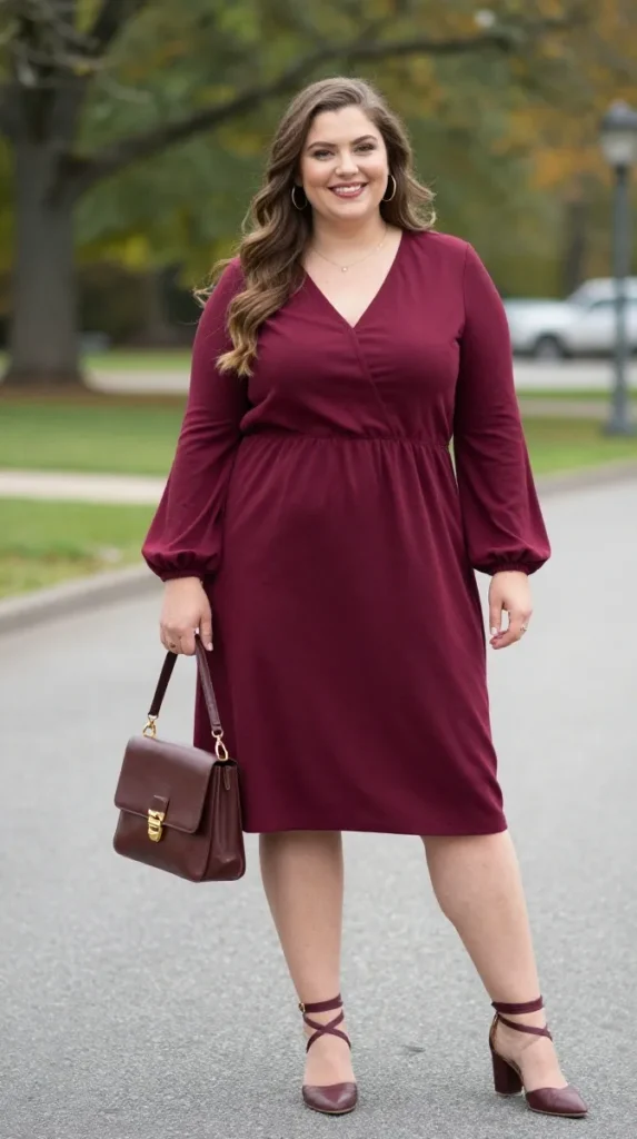 Plus Size Wine Colored Dress Autumn Outfit