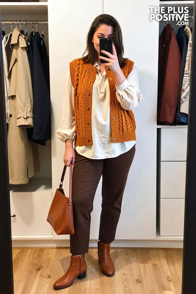 Pumpkin Cable Knit Vest over Ivory Poplin Shirt