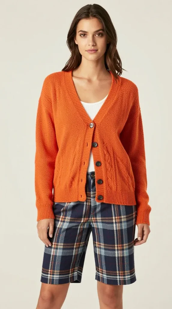Pumpkin Cardigan with Plaid Bermuda Shorts