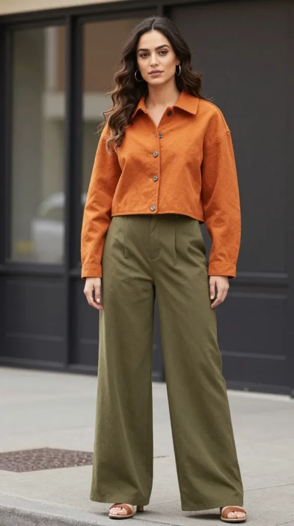 Pumpkin Cropped Barn Jacket with Olive Wide-Leg Trousers