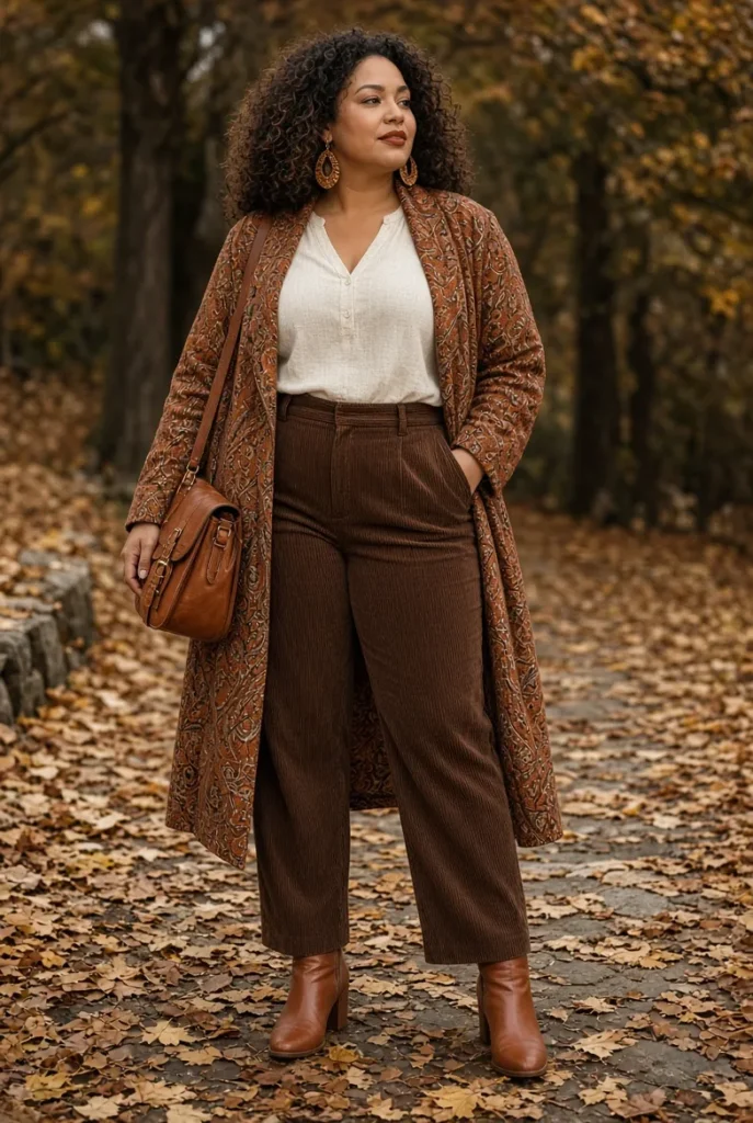 Rust Paisley Duster with Chocolate Corduroy Trousers