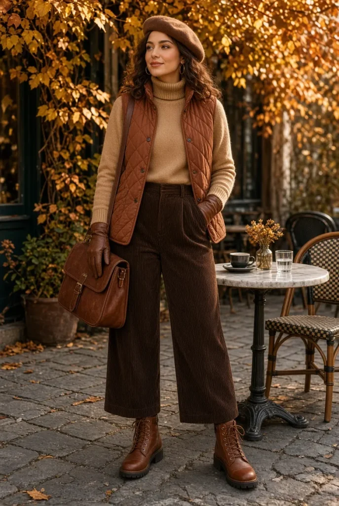 Rust Quilted Vest with Espresso Corduroy Culottes
