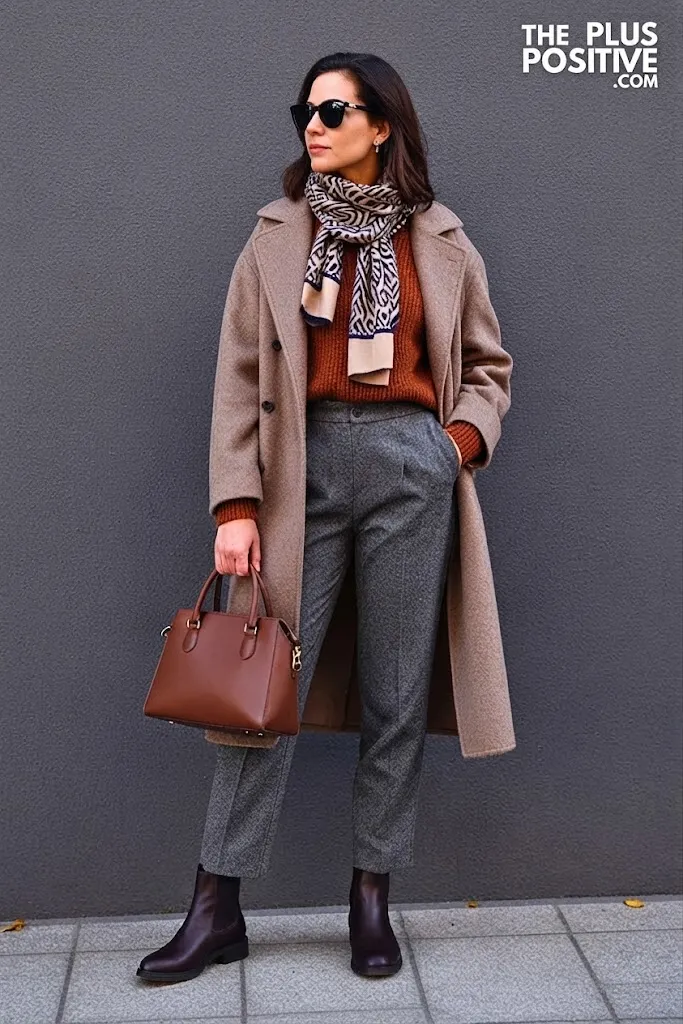 Rust Textured Sweater with Slate Gray Tailored Trousers