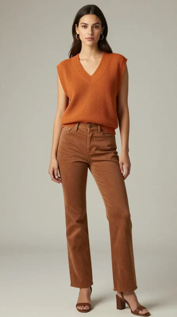 Saffron Knit Vest with Cinnamon Straight Jeans