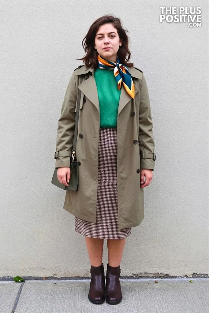 Sage Ribbed Sweater with Cocoa Checked Midi Skirt