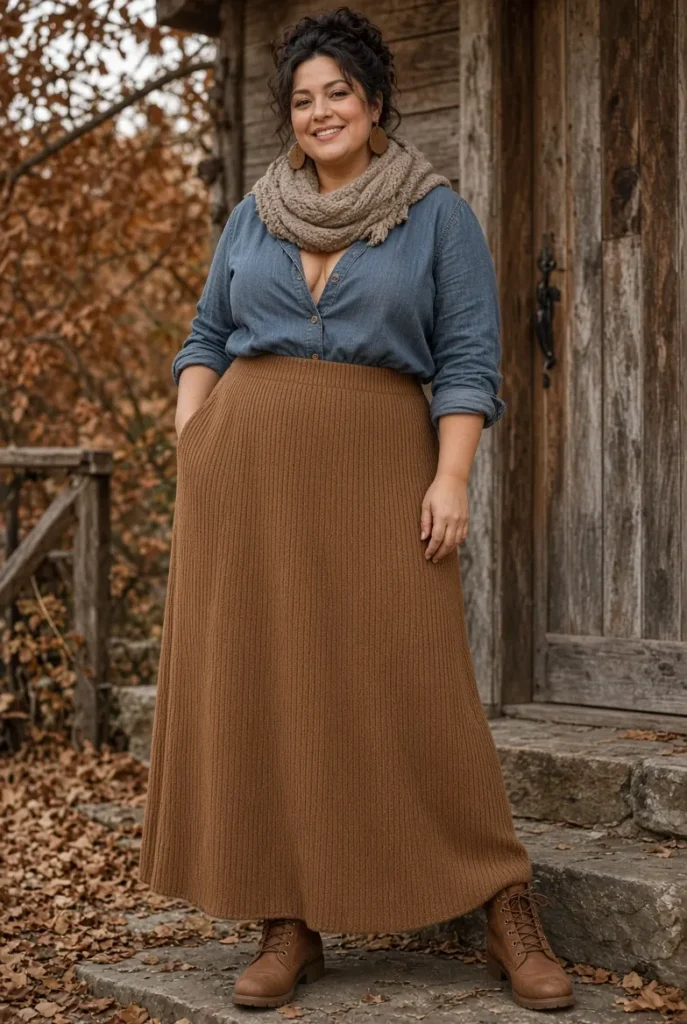 Slate Blue Denim Shirt + Caramel Knit Maxi Skirt