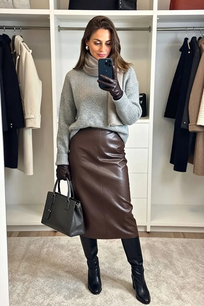 Slate Gray Funnel-Neck Sweater with Chocolate Leather Skirt
