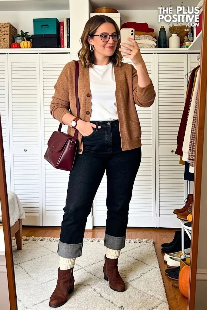 Soft Mocha Cardigan with Barrel Jeans