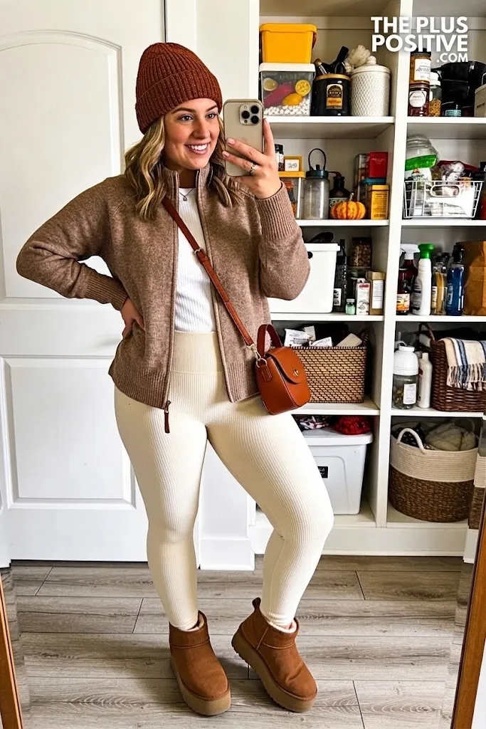 Soft Mocha Zip Cardigan With Cream Thermal Leggings