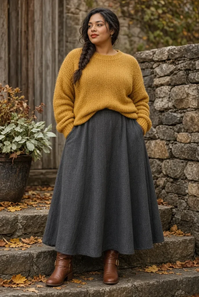 Soft Mustard Textured Knit with Charcoal Maxi Skirt