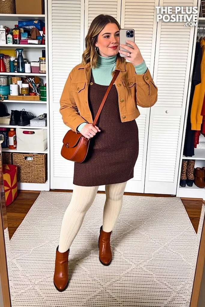 Soft Sage Turtleneck With Chocolate Knit Overall Dress