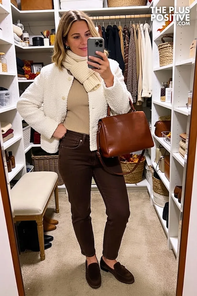 Soft White Bouclé Jacket With Coffee Straight-Leg Jeans