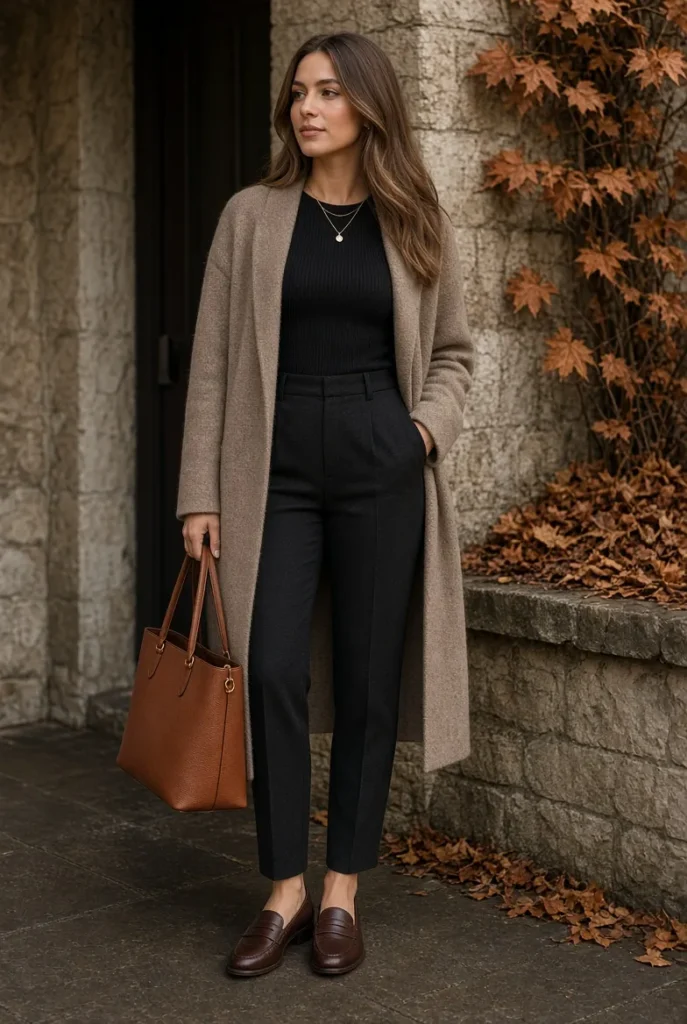 Taupe Longline Cardigan with Black Tailored Knit Set