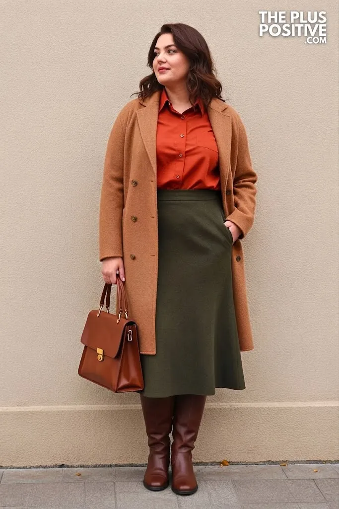 Terracotta Buttoned Shirt with Dark Olive Flared Skirt