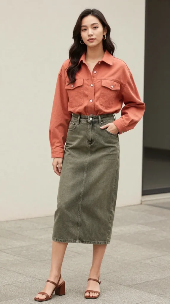 Terracotta Shacket with Olive Denim Midi Skirt
