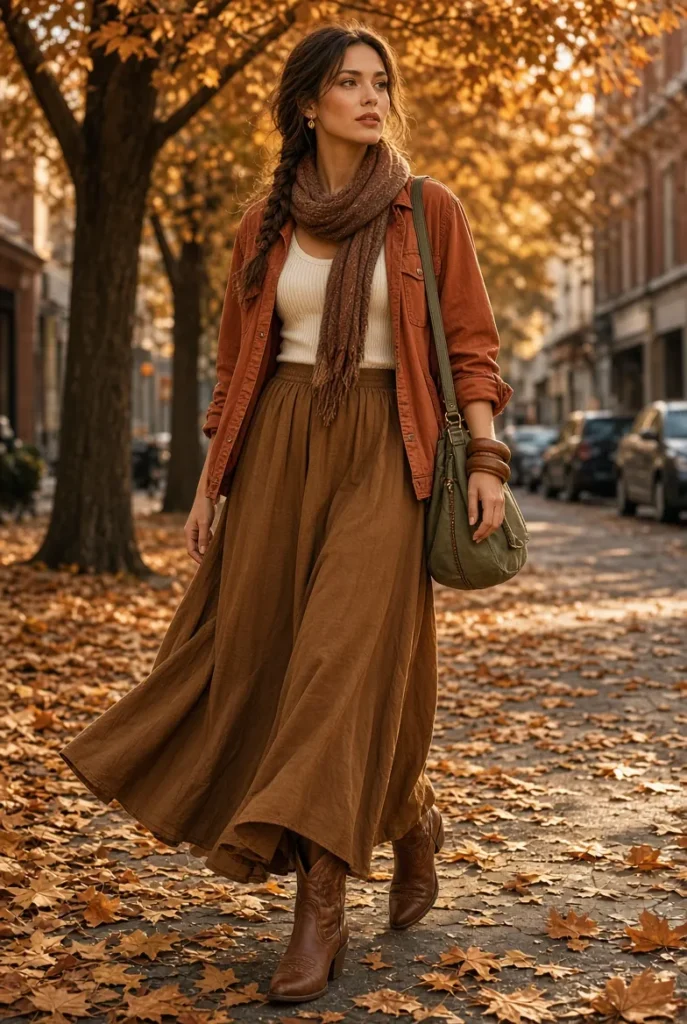 Terracotta Utility Shirt with Tobacco Maxi Skirt