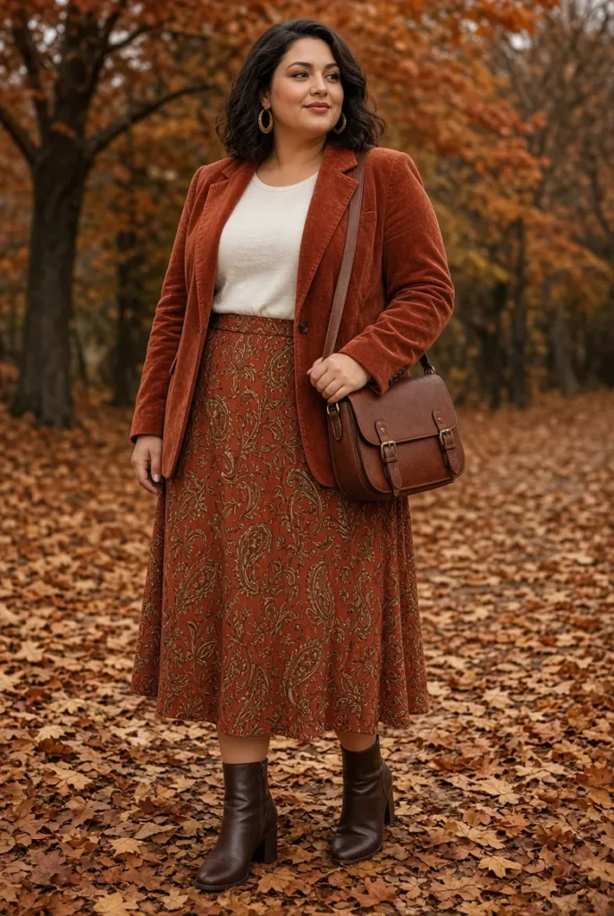 Terracotta Velvet Blazer with Paisley Midi Skirt and Leather Boots