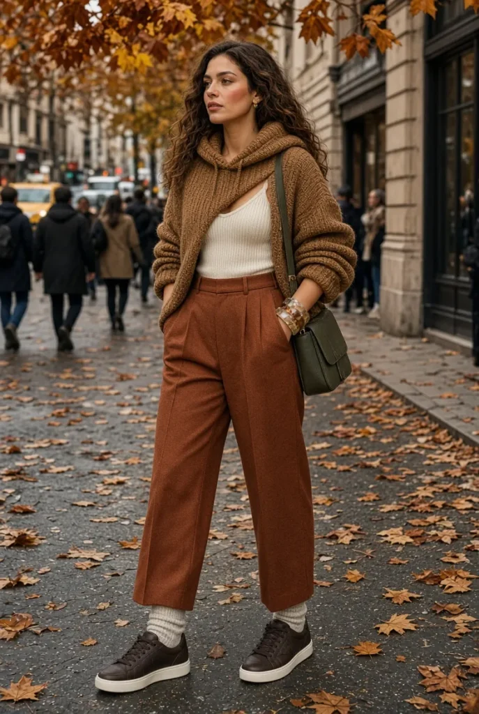 Toasted Pecan Knit Hoodie with Rust Pleated Trousers