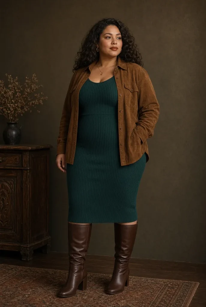 Tobacco Suede Shirt Jacket + Deep Teal Knit Dress