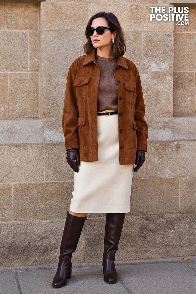 Tobacco Suede Shirt Jacket with Ivory Wool Pencil Skirt