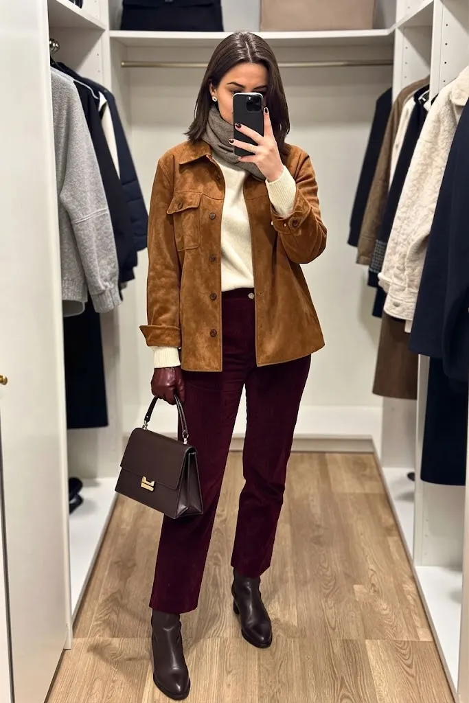 Tobacco Suede Shirt Jacket with Merlot Corduroy Trousers