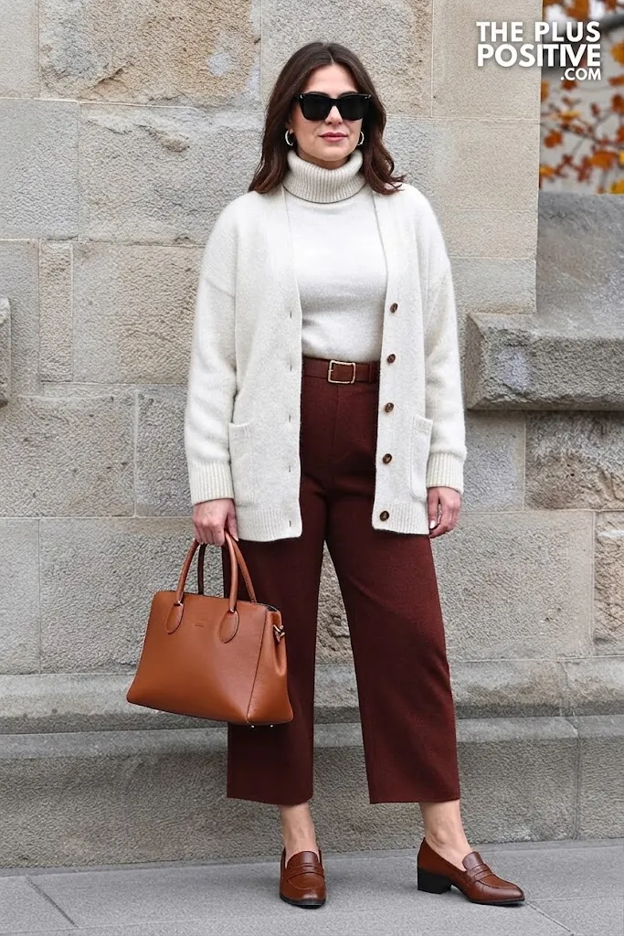 Walnut Cashmere Cardigan with Deep Rust Wool Palazzo Pants