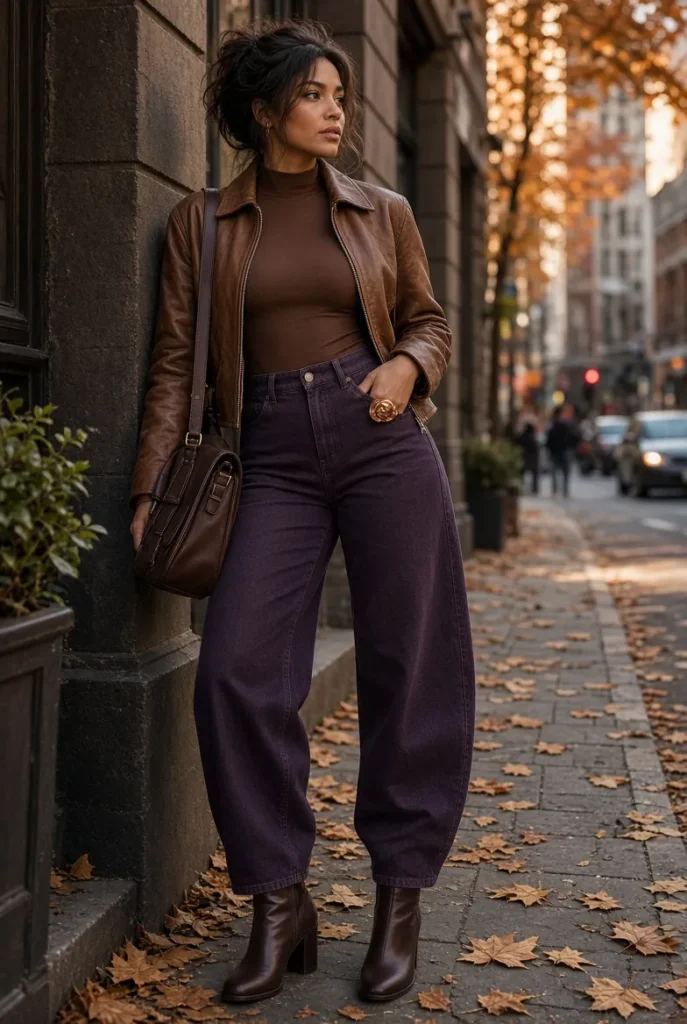 Walnut Cropped Jacket with Dark Plum Barrel Jeans