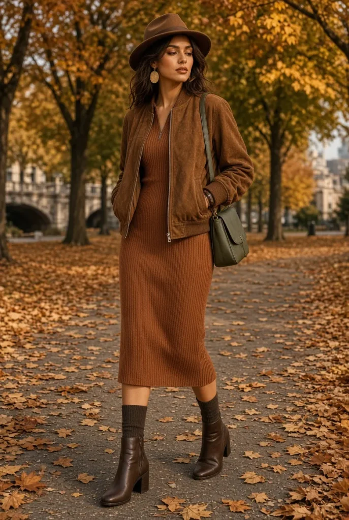 Walnut Suede Bomber with Burnished Copper Knit Dress