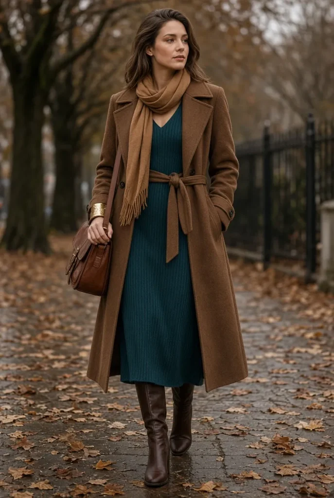 Walnut Wool Trench with Deep Teal Knit Dress