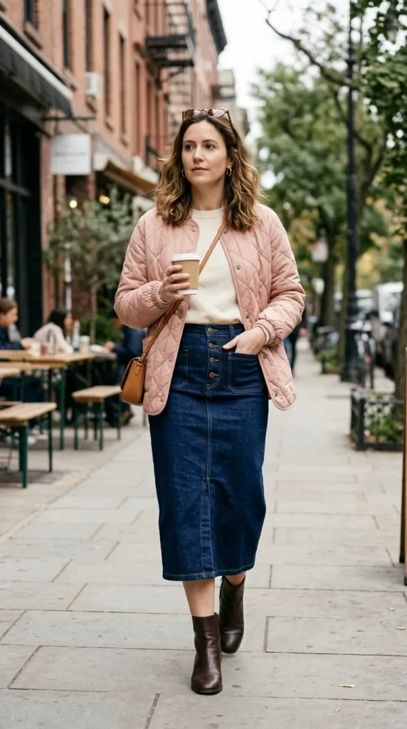 Blush Pink Quilted Jacket with Indigo Denim Midi Skirt