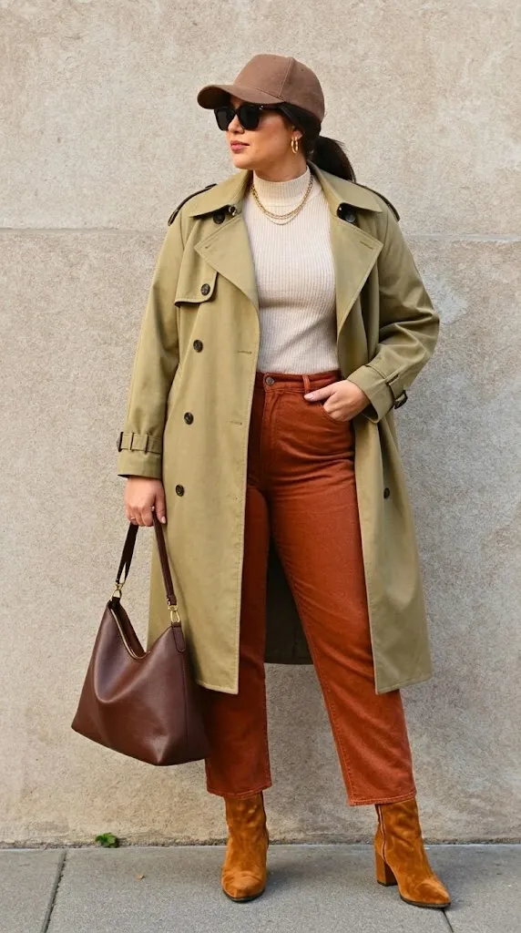 Bright Olive Cropped Trench with Terracotta Barrel Jeans