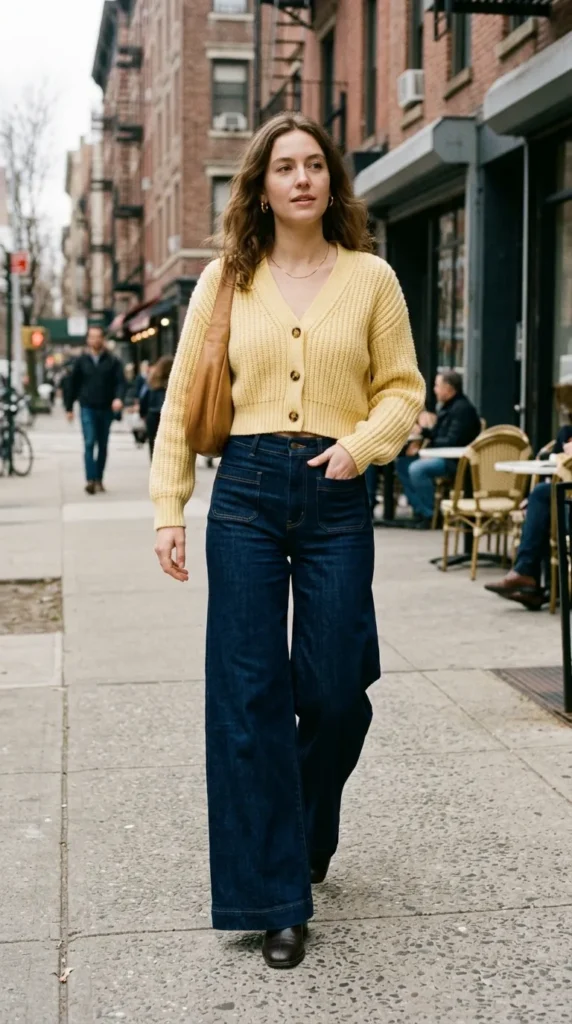 Butter Yellow Cropped Cardigan with Dark Denim Palazzo Jeans