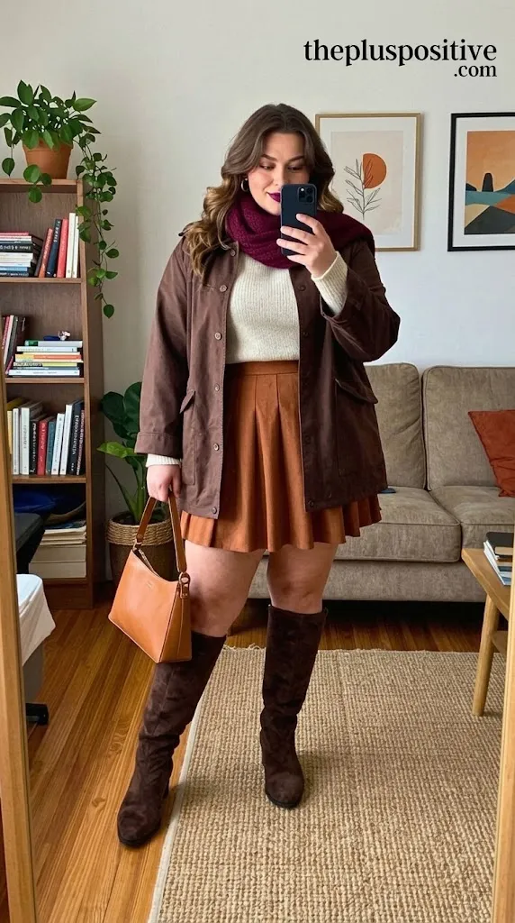 Cherry Mocha Barn Jacket with Pleated Midi Skirt