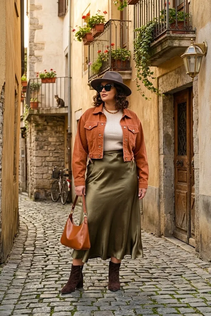 Cinnamon Denim Jacket with Olive Satin Midi Skirt