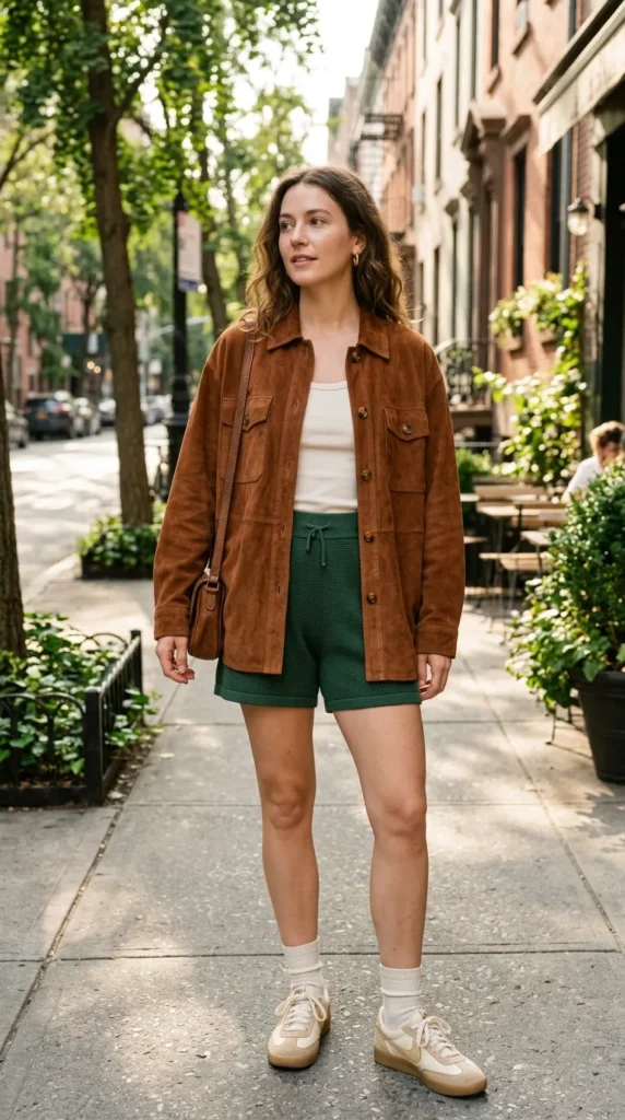 Cinnamon Suede Shirt Jacket with Forest Green Knit Shorts