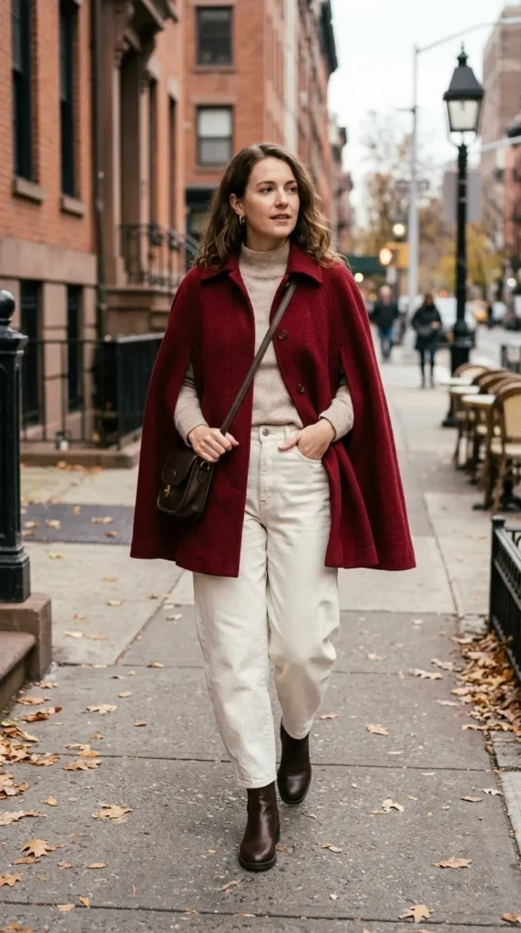 Cranberry Wool Cape with Ivory Barrel Jeans